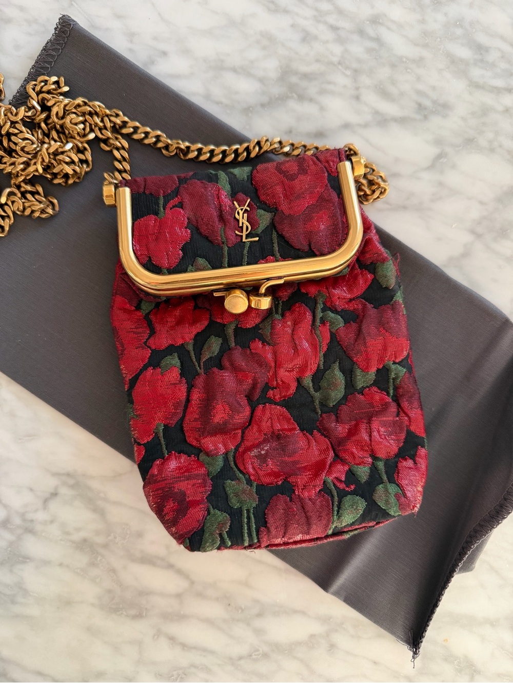 Saint Laurent Brocade Monogram Small Charniere Bag in Red.